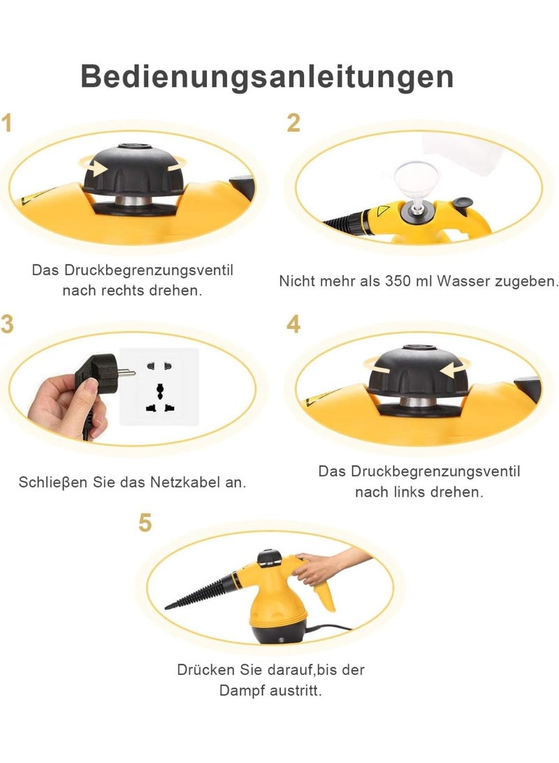 منظف بخار يدوي محمول عالي الضغط 1000 واط مع ملحقات متعددة 9 قطع شامل للأرضيات والمطابخ والحمامات والسجاد والنوافذ والزجاج والستائر والمراتب والسيارات والمنازل بالكامل – Steam Cleaner قوي للتنظيف العميق وإزالة الدهون والبقع الصعبة وقتل 99.9% من البكتيريا وتعقيم شامل للأسطح والأدوات الحساسة للأطفال – جهاز تنظيف بالبخار أصفر وأسود متعدد الاستخدامات للعناية المنزلية والتنظيف الاحترافي - Image 2